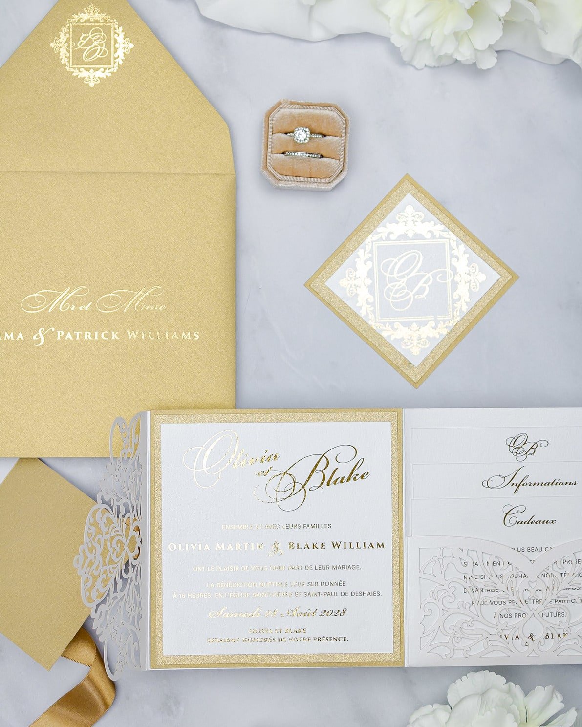 "Alexia" - Faire-part de mariage laser cut élégant et romantique avec dorure or - Wedding stationery - Création Luxe Carterie Studio