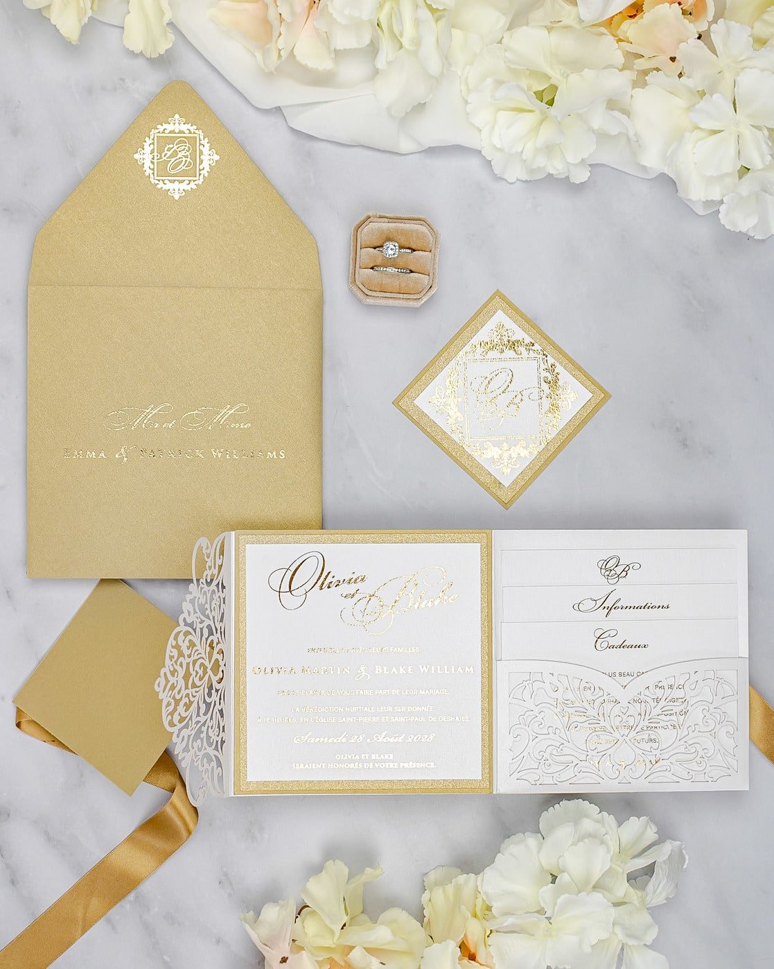 "Alexia" - Faire-part de mariage laser cut élégant et romantique avec dorure or - Wedding stationery - Création Luxe Carterie Studio