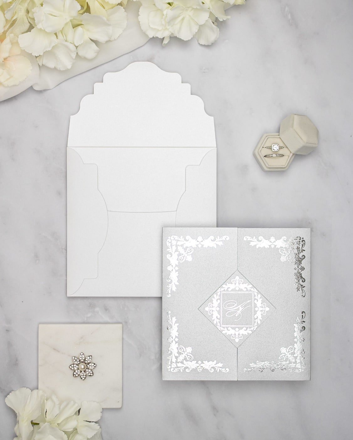 "Amber" - Faire-part de mariage luxueux, chic et élégant avec dorure argent – Wedding stationery - Création Luxe Carterie Studio