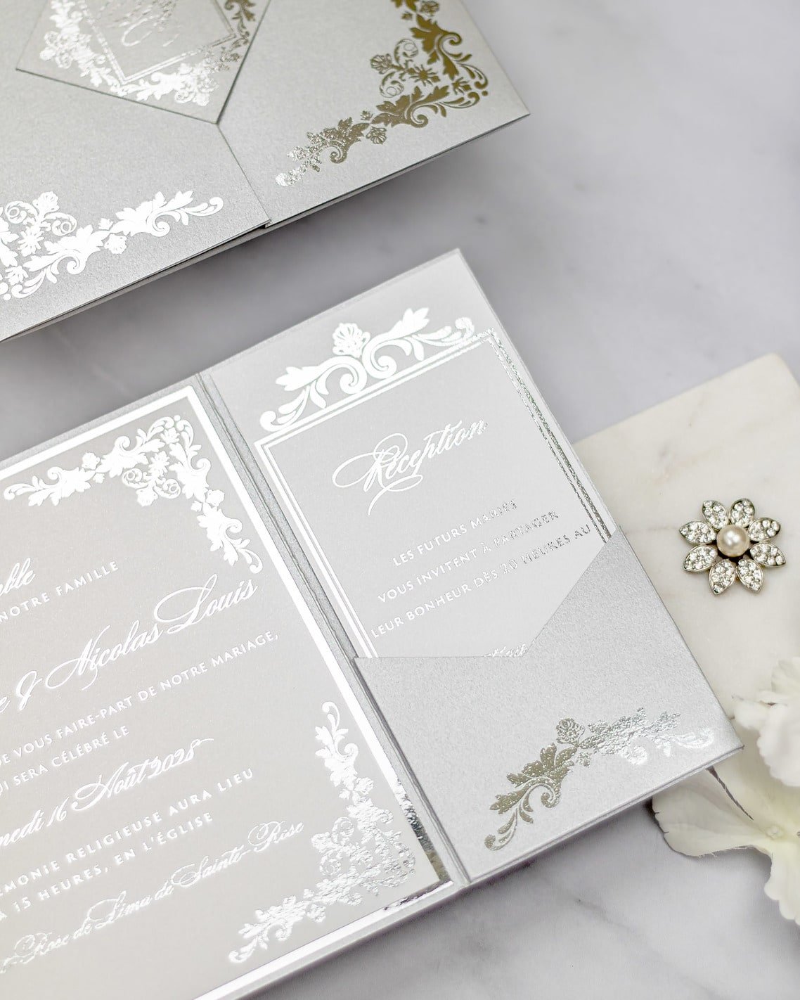 "Amber" - Faire-part de mariage luxueux, chic et élégant avec dorure argent – Wedding stationery - Création Luxe Carterie Studio