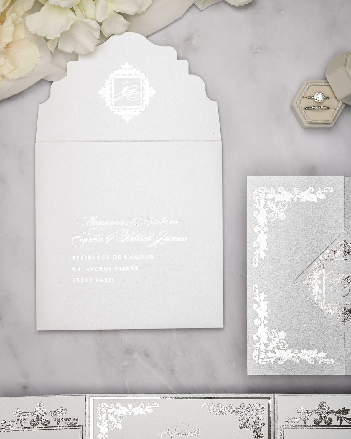 "Amber" - Faire-part de mariage luxueux, chic et élégant avec dorure argent – Wedding stationery - Création Luxe Carterie Studio
