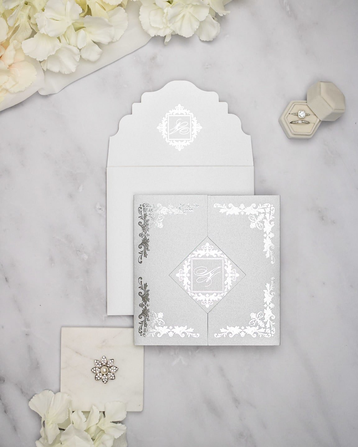 "Amber" - Faire-part de mariage luxueux, chic et élégant avec dorure argent – Wedding stationery - Création Luxe Carterie Studio