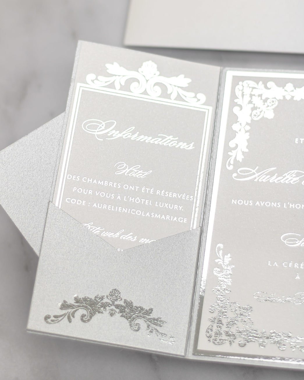 "Amber" - Faire-part de mariage luxueux, chic et élégant avec dorure argent – Wedding stationery - Création Luxe Carterie Studio