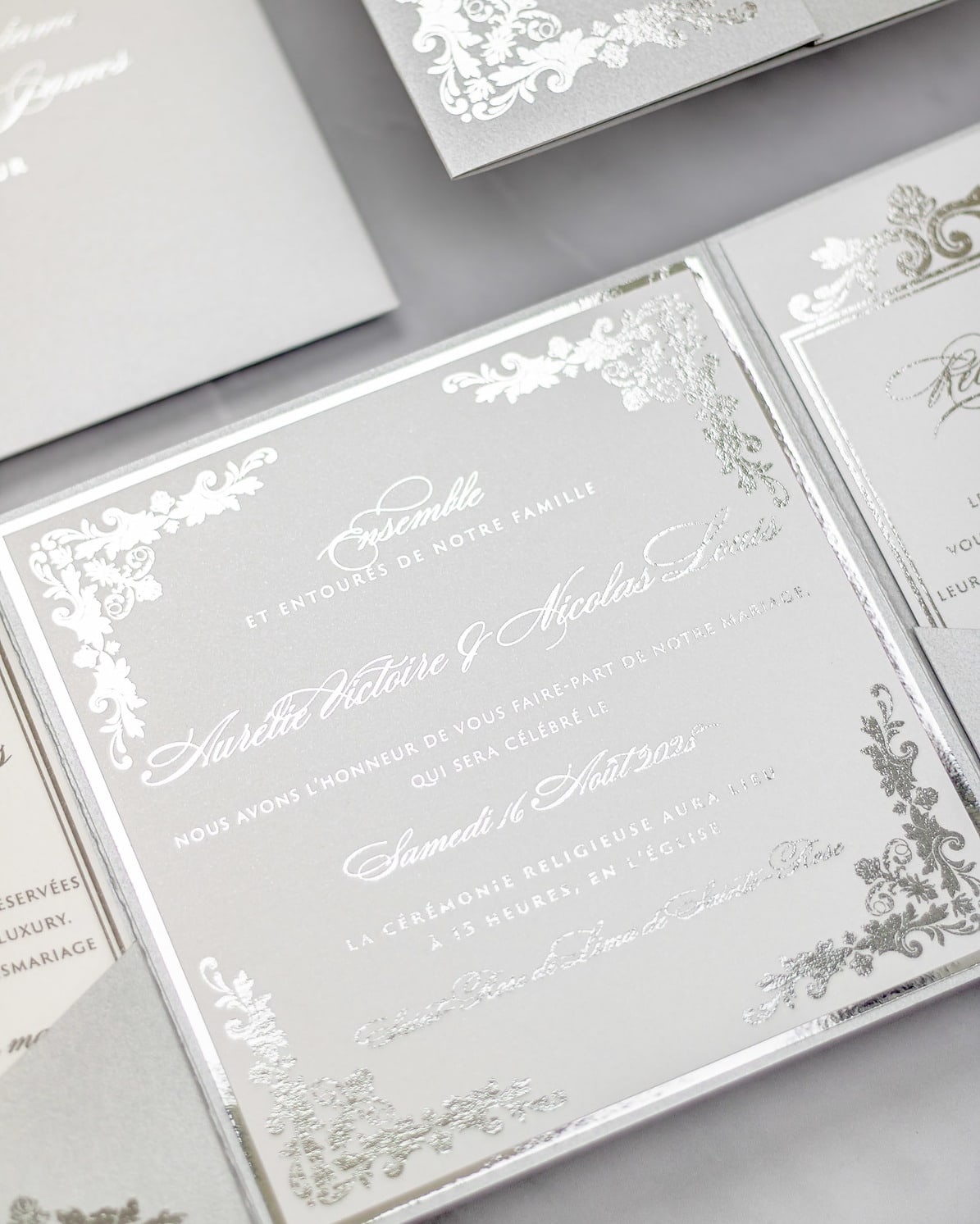"Amber" - Faire-part de mariage luxueux, chic et élégant avec dorure argent – Wedding stationery - Création Luxe Carterie Studio