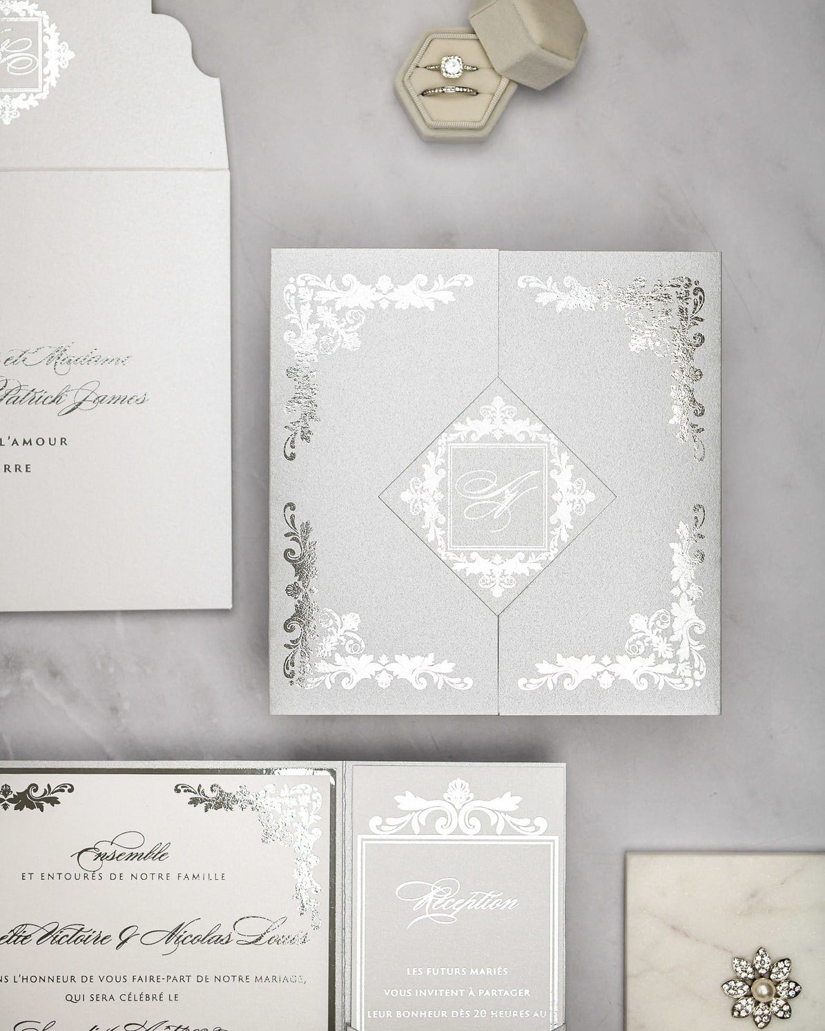 "Amber" - Faire-part de mariage luxueux, chic et élégant avec dorure argent – Wedding stationery - Création Luxe Carterie Studio
