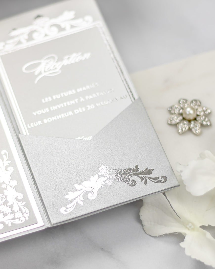 "Amber" - Faire-part de mariage luxueux, chic et élégant avec dorure argent – Wedding stationery - Création Luxe Carterie Studio