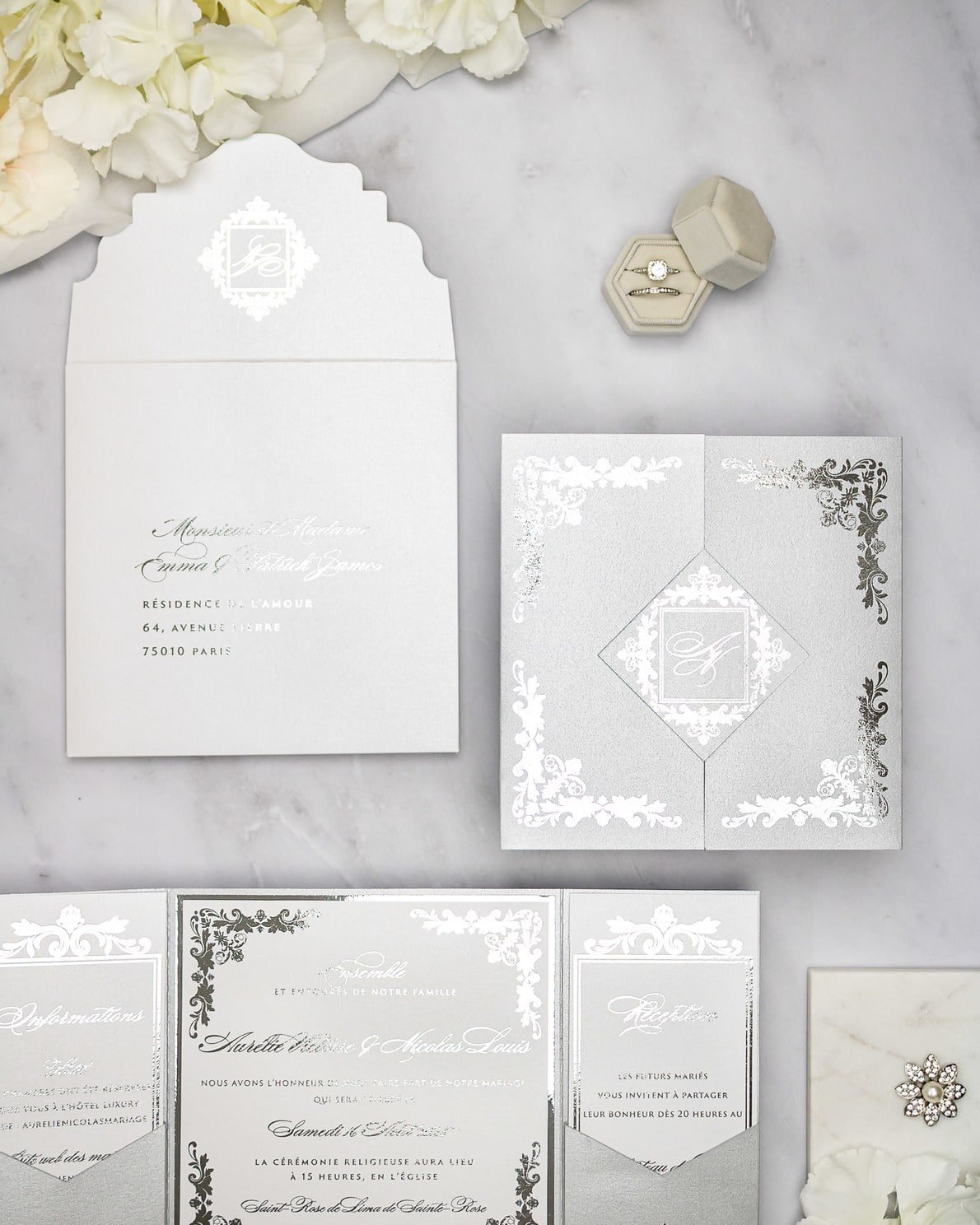 "Amber" - Faire-part de mariage luxueux, chic et élégant avec dorure argent – Wedding stationery - Création Luxe Carterie Studio