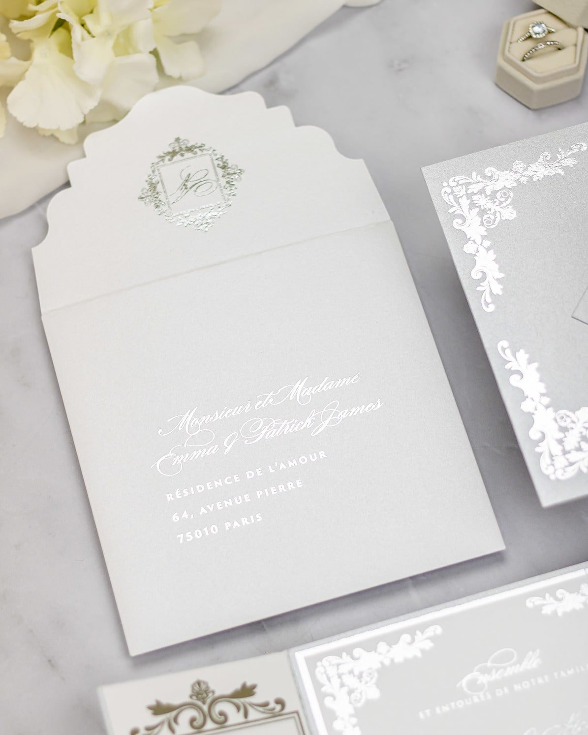 "Amber" - Faire-part de mariage luxueux, chic et élégant avec dorure argent – Wedding stationery - Création Luxe Carterie Studio