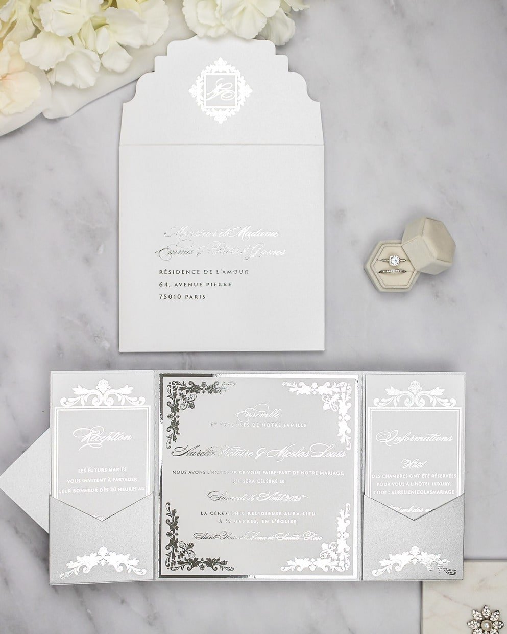 "Amber" - Faire-part de mariage luxueux, chic et élégant avec dorure argent – Wedding stationery - Création Luxe Carterie Studio