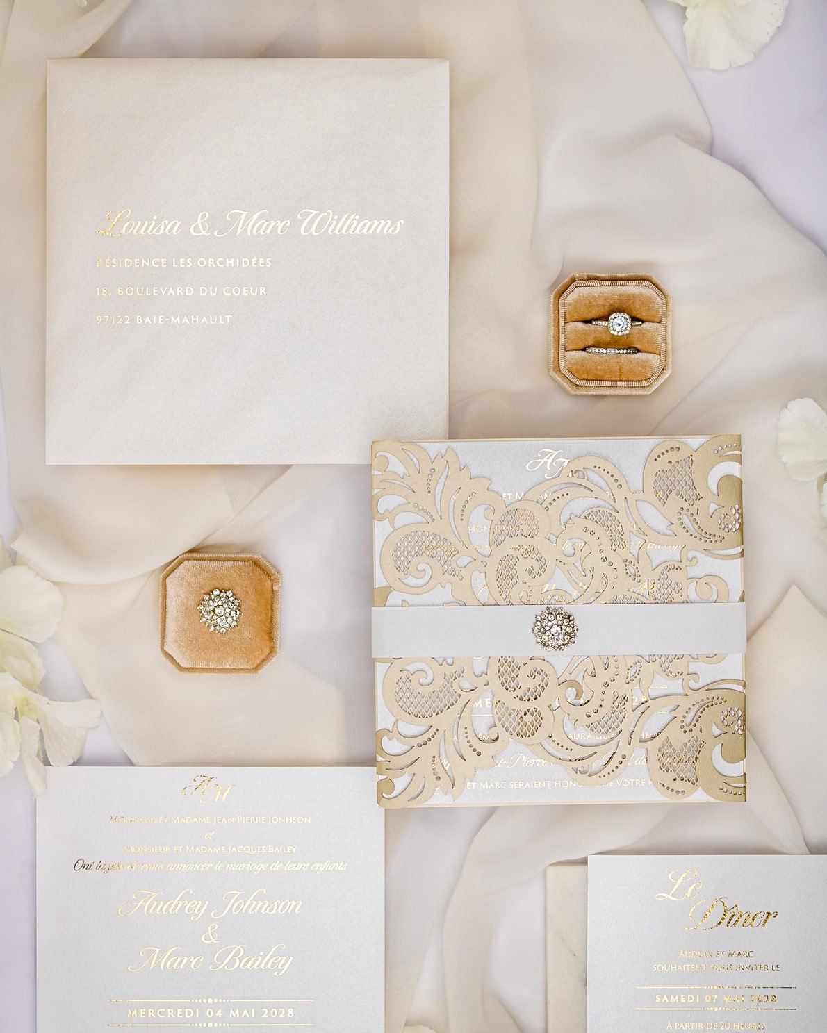 "Anastasia" - Faire-part de mariage laser cut élégant et romantique avec dorure or - Wedding stationery - Création Luxe Carterie Studio