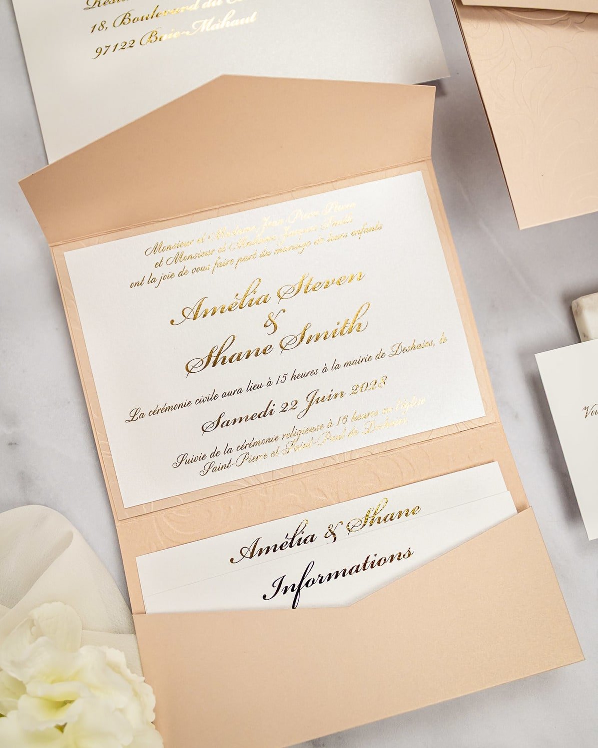 "Ancolie" - Faire-part de mariage chic, élégant et romantique avec dorure or - Wedding stationery - Création Luxe Carterie Studio