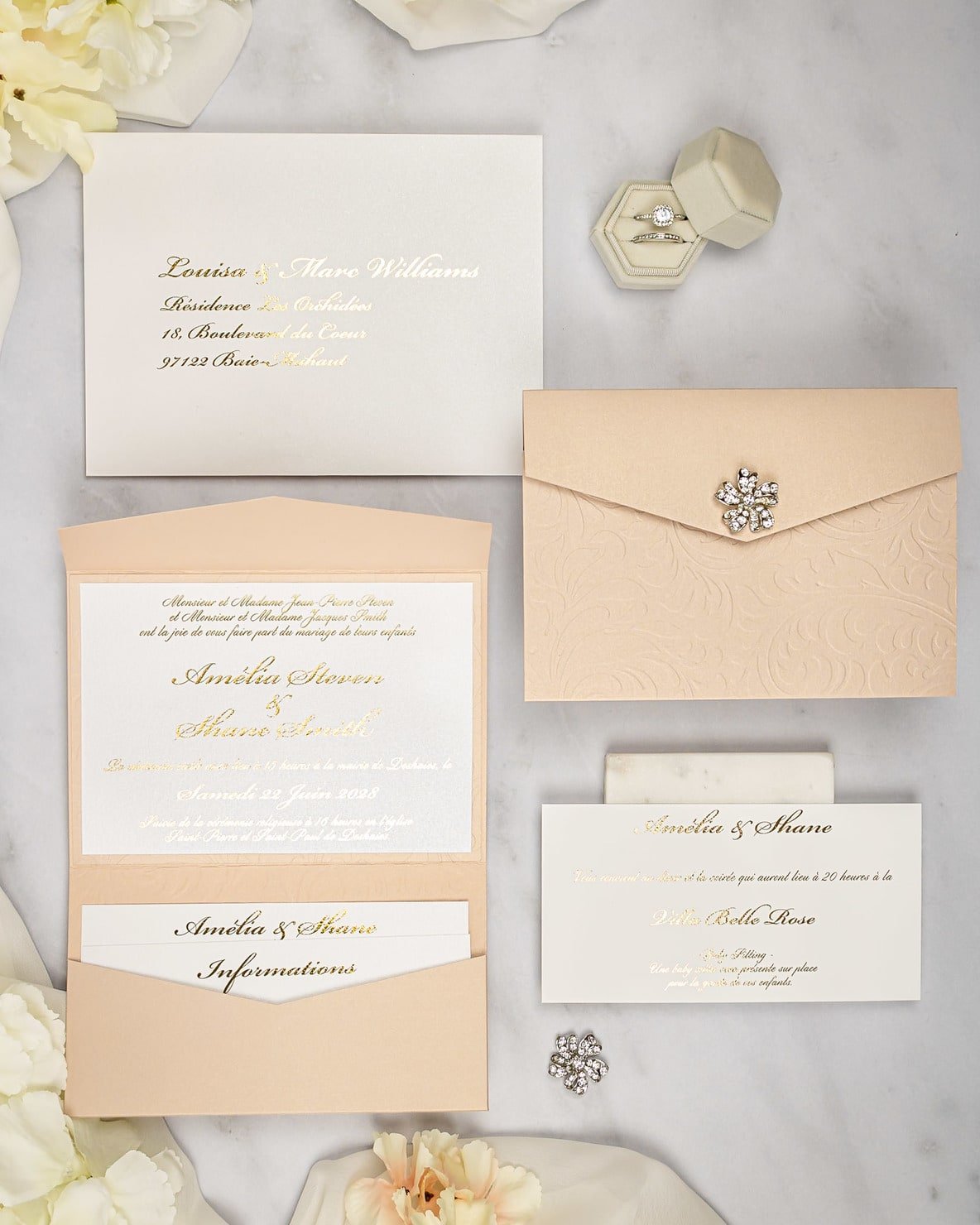 "Ancolie" - Faire-part de mariage chic, élégant et romantique avec dorure or - Wedding stationery - Création Luxe Carterie Studio
