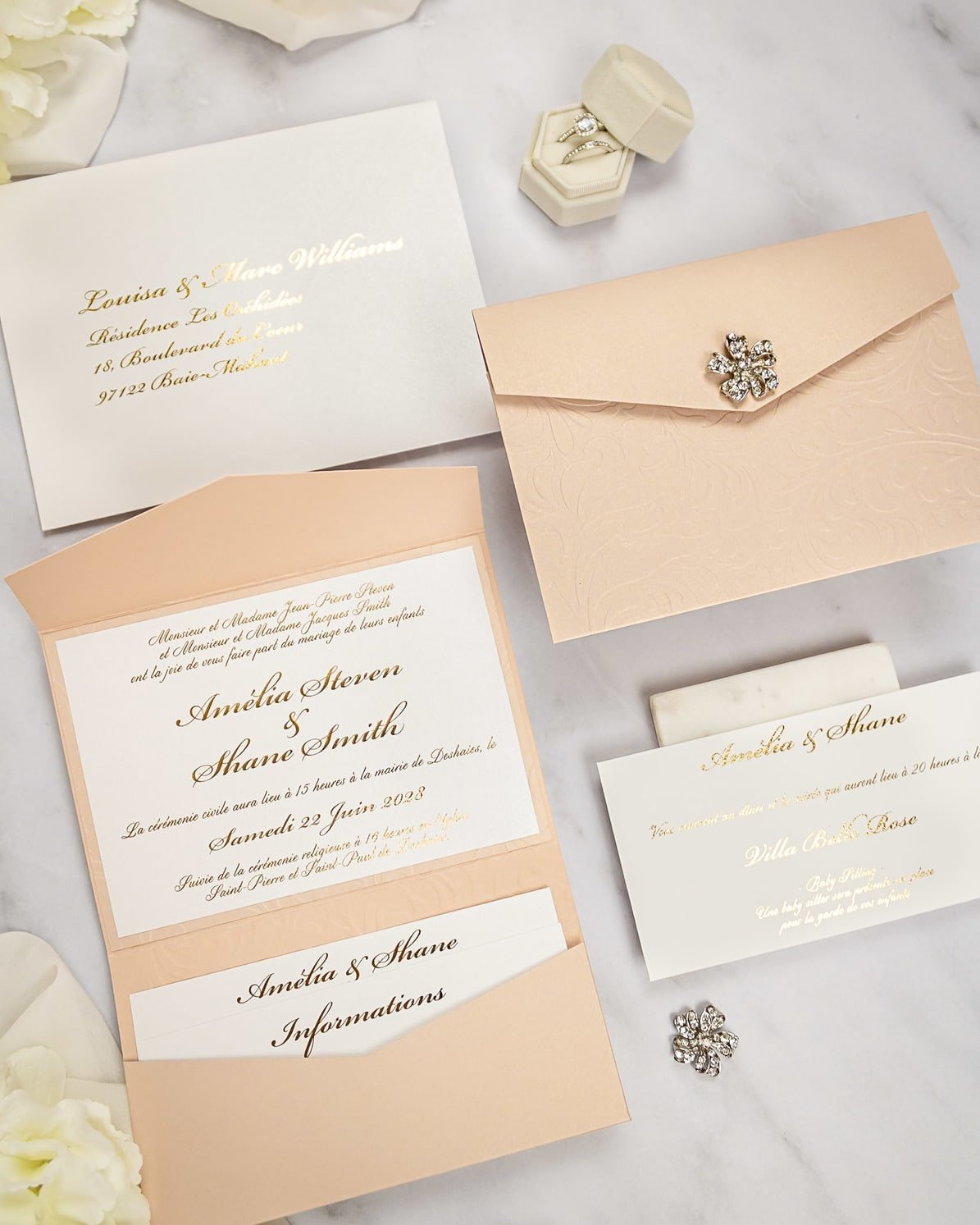 "Ancolie" - Faire-part de mariage chic, élégant et romantique avec dorure or - Wedding stationery - Création Luxe Carterie Studio