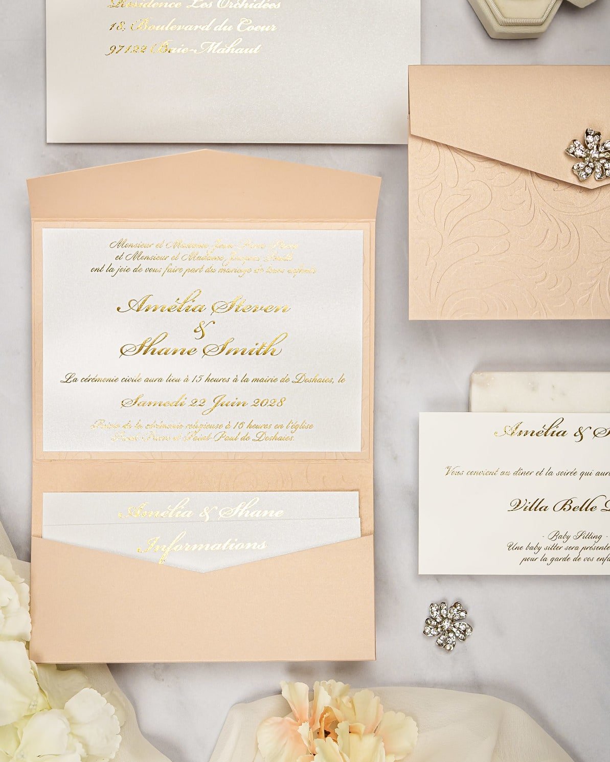 "Ancolie" - Faire-part de mariage chic, élégant et romantique avec dorure or - Wedding stationery - Création Luxe Carterie Studio