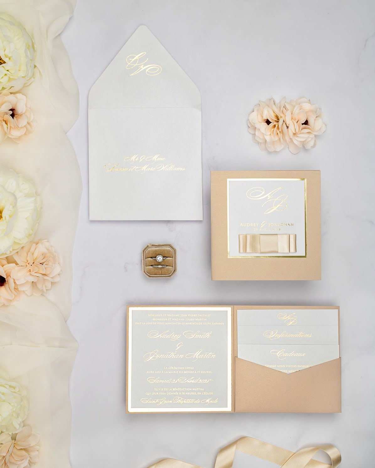 "Andrea" - Faire-part de mariage chic, élégant et romantique avec dorure or - Wedding stationery - Création Luxe Carterie Studio