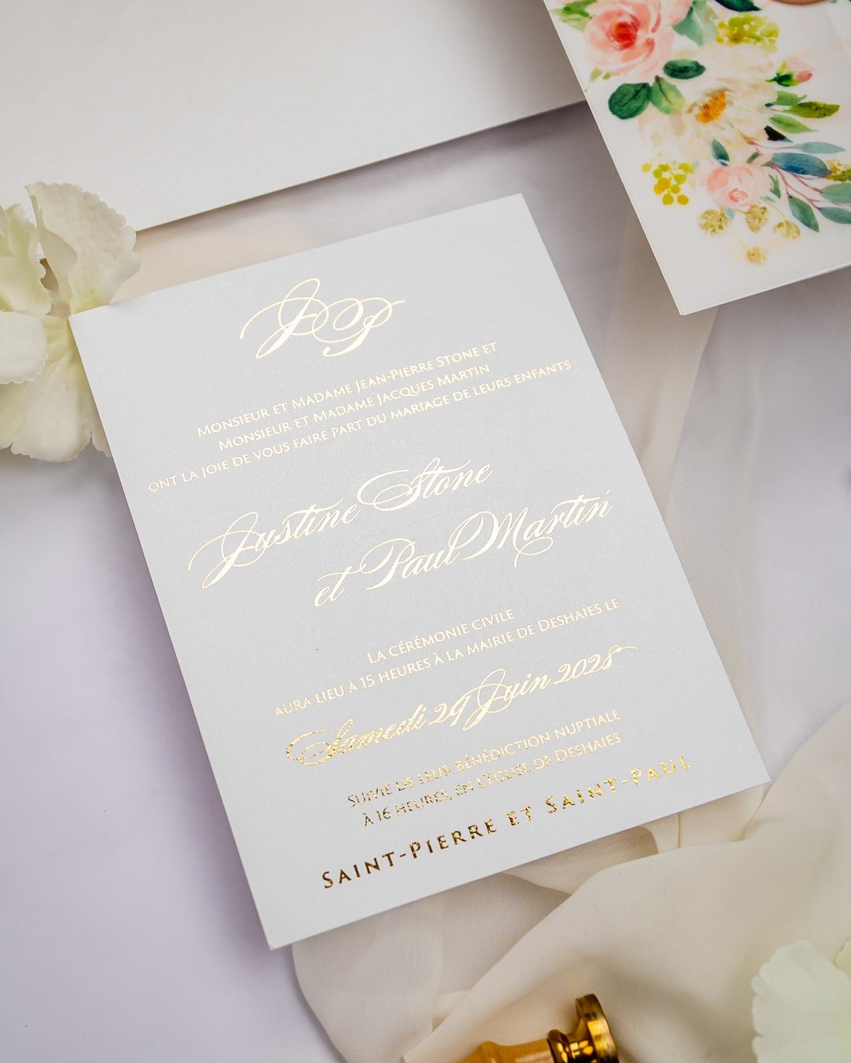"Anémone" - Faire-part de mariage fleuris élégant et romantique avec dorure or et wax seal – Wedding stationery - Création Luxe Carterie Studio