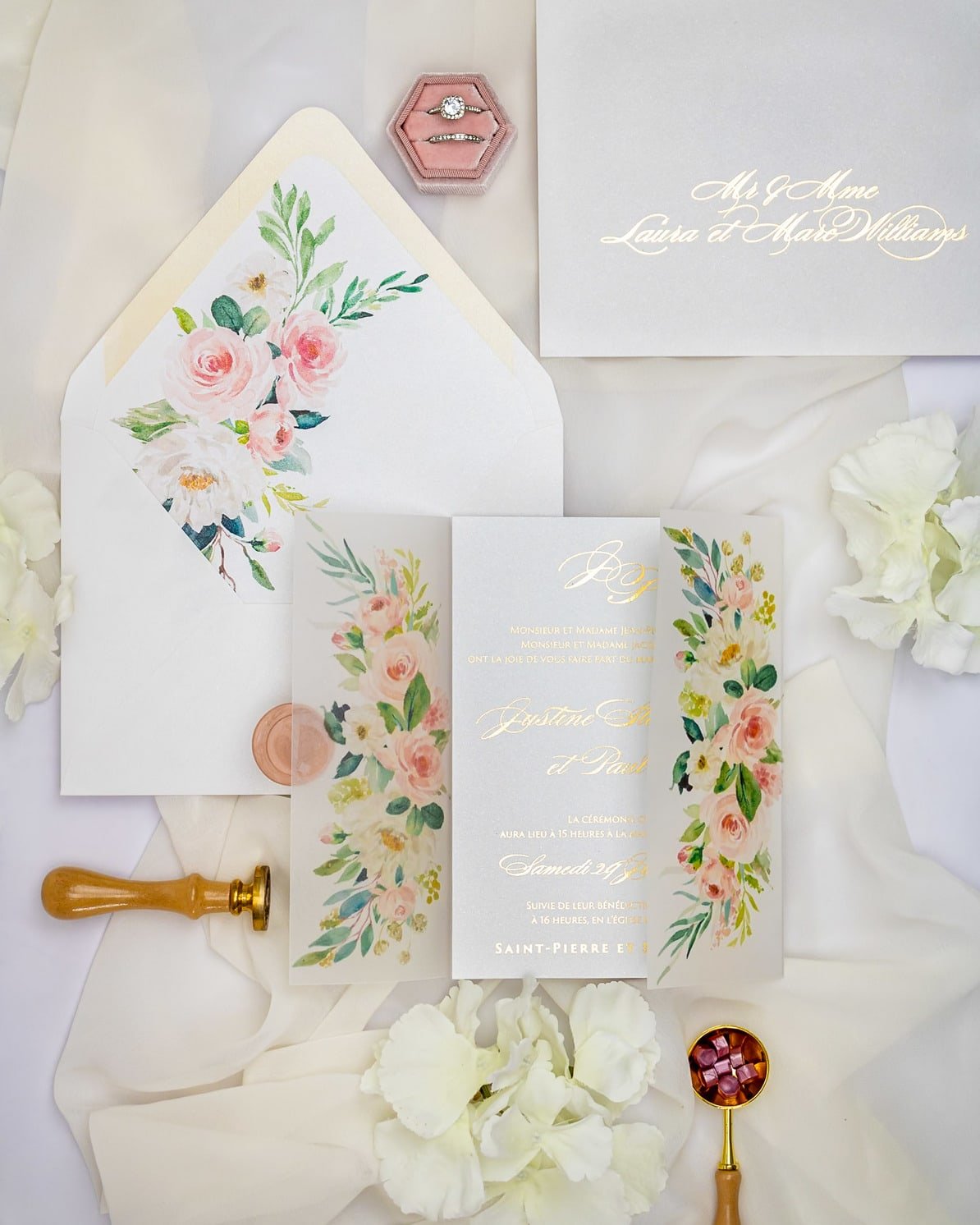 "Anémone" - Faire-part de mariage fleuris élégant et romantique avec dorure or et wax seal – Wedding stationery - Création Luxe Carterie Studio
