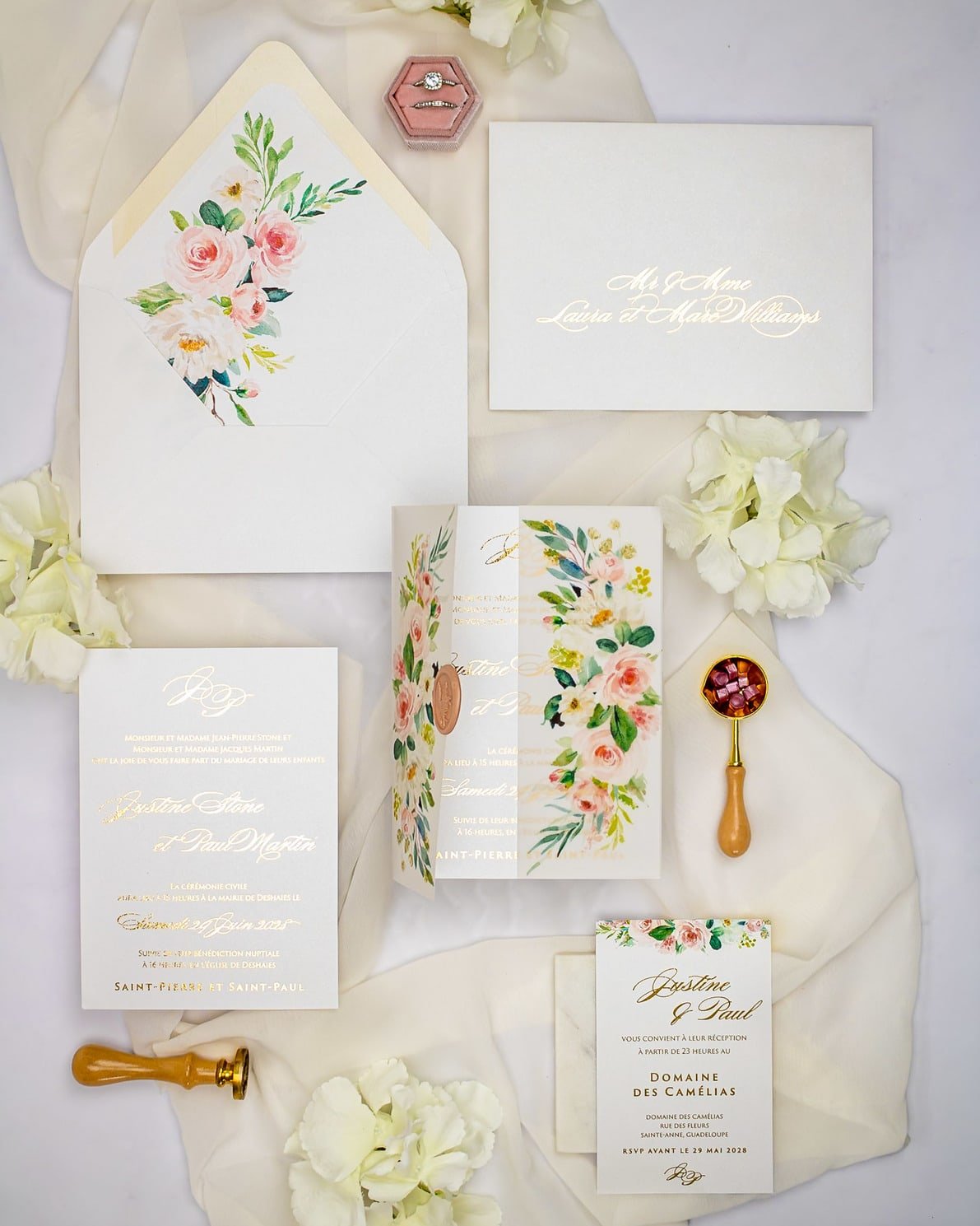 "Anémone" - Faire-part de mariage fleuris élégant et romantique avec dorure or et wax seal – Wedding stationery - Création Luxe Carterie Studio