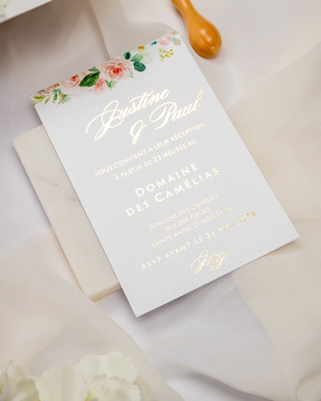 "Anémone" - Faire-part de mariage fleuris élégant et romantique avec dorure or et wax seal – Wedding stationery - Création Luxe Carterie Studio