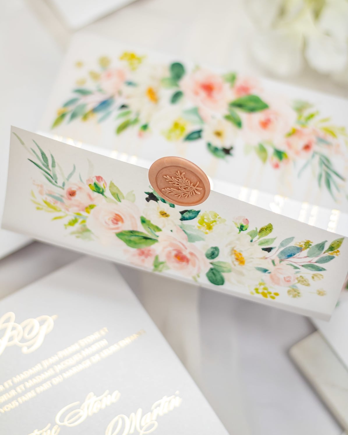 "Anémone" - Faire-part de mariage fleuris élégant et romantique avec dorure or et wax seal – Wedding stationery - Création Luxe Carterie Studio