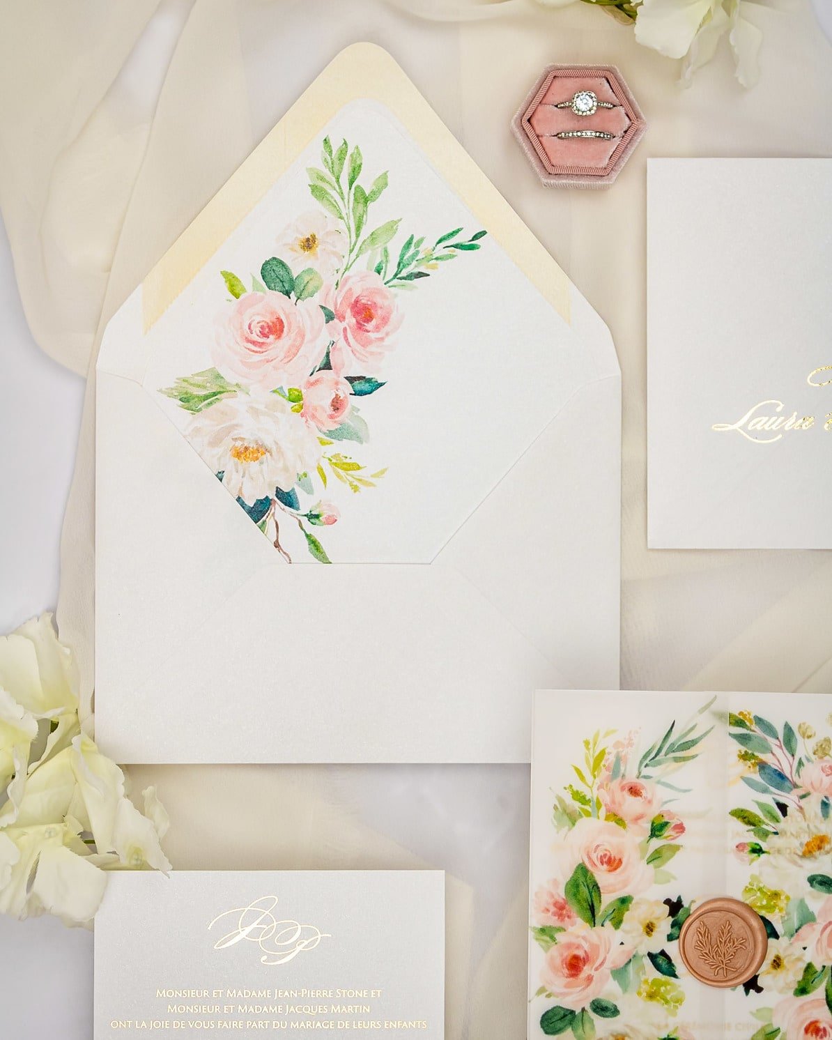 "Anémone" - Faire-part de mariage fleuris élégant et romantique avec dorure or et wax seal – Wedding stationery - Création Luxe Carterie Studio