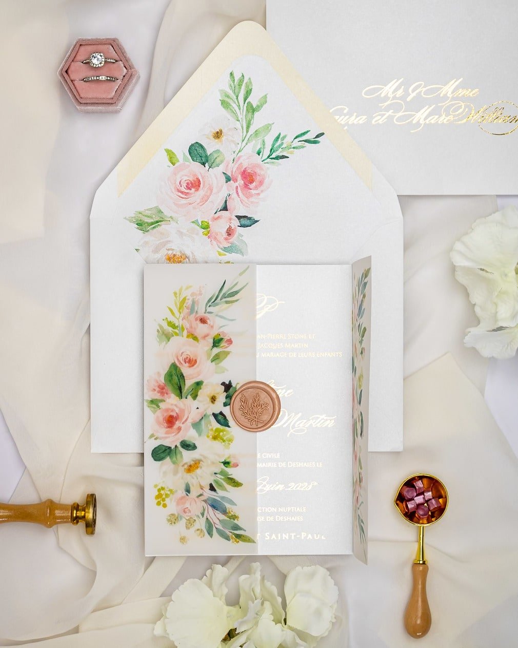 "Anémone" - Faire-part de mariage fleuris élégant et romantique avec dorure or et wax seal – Wedding stationery - Création Luxe Carterie Studio