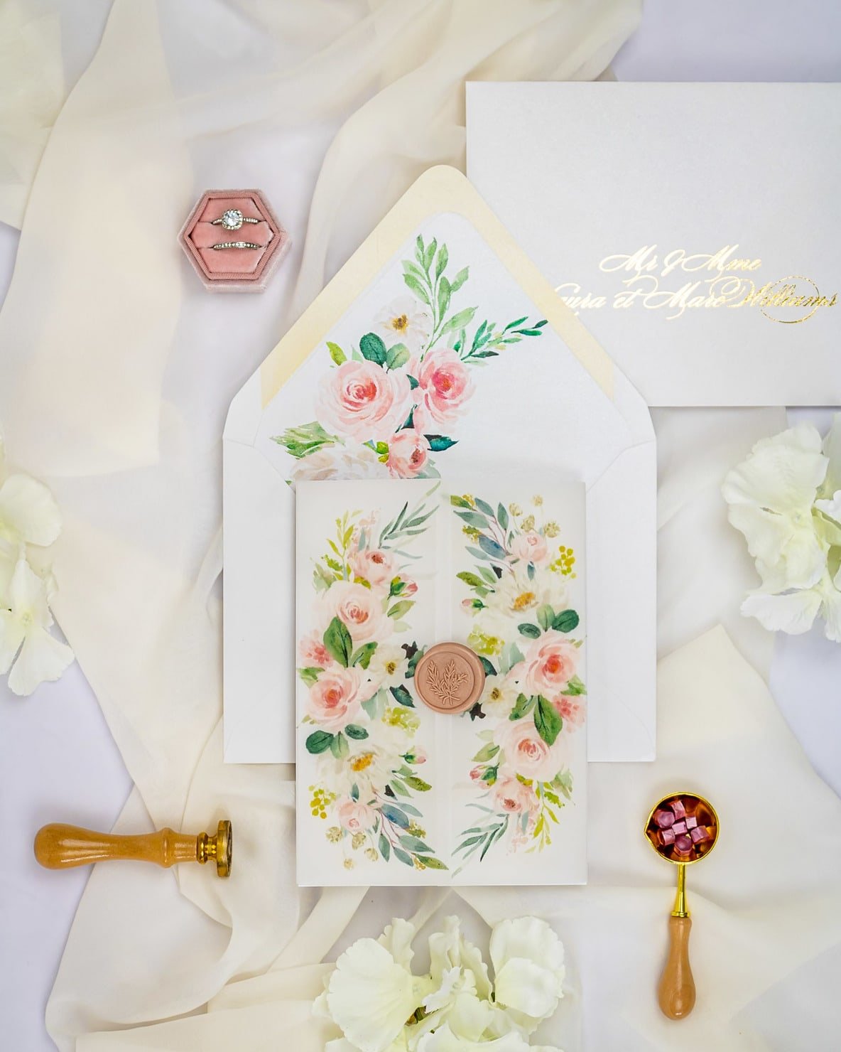 "Anémone" - Faire-part de mariage fleuris élégant et romantique avec dorure or et wax seal – Wedding stationery - Création Luxe Carterie Studio