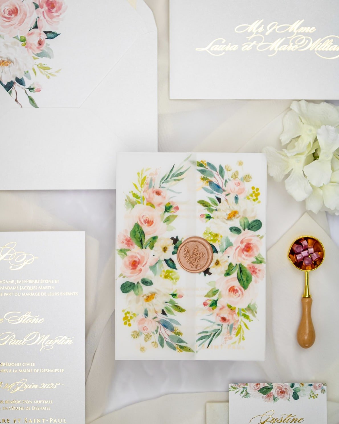"Anémone" - Faire-part de mariage fleuris élégant et romantique avec dorure or et wax seal – Wedding stationery - Création Luxe Carterie Studio