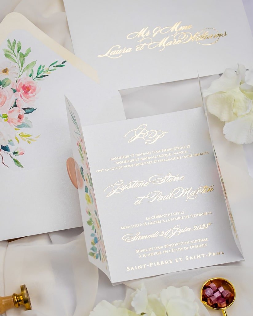 "Anémone" - Faire-part de mariage fleuris élégant et romantique avec dorure or et wax seal – Wedding stationery - Création Luxe Carterie Studio