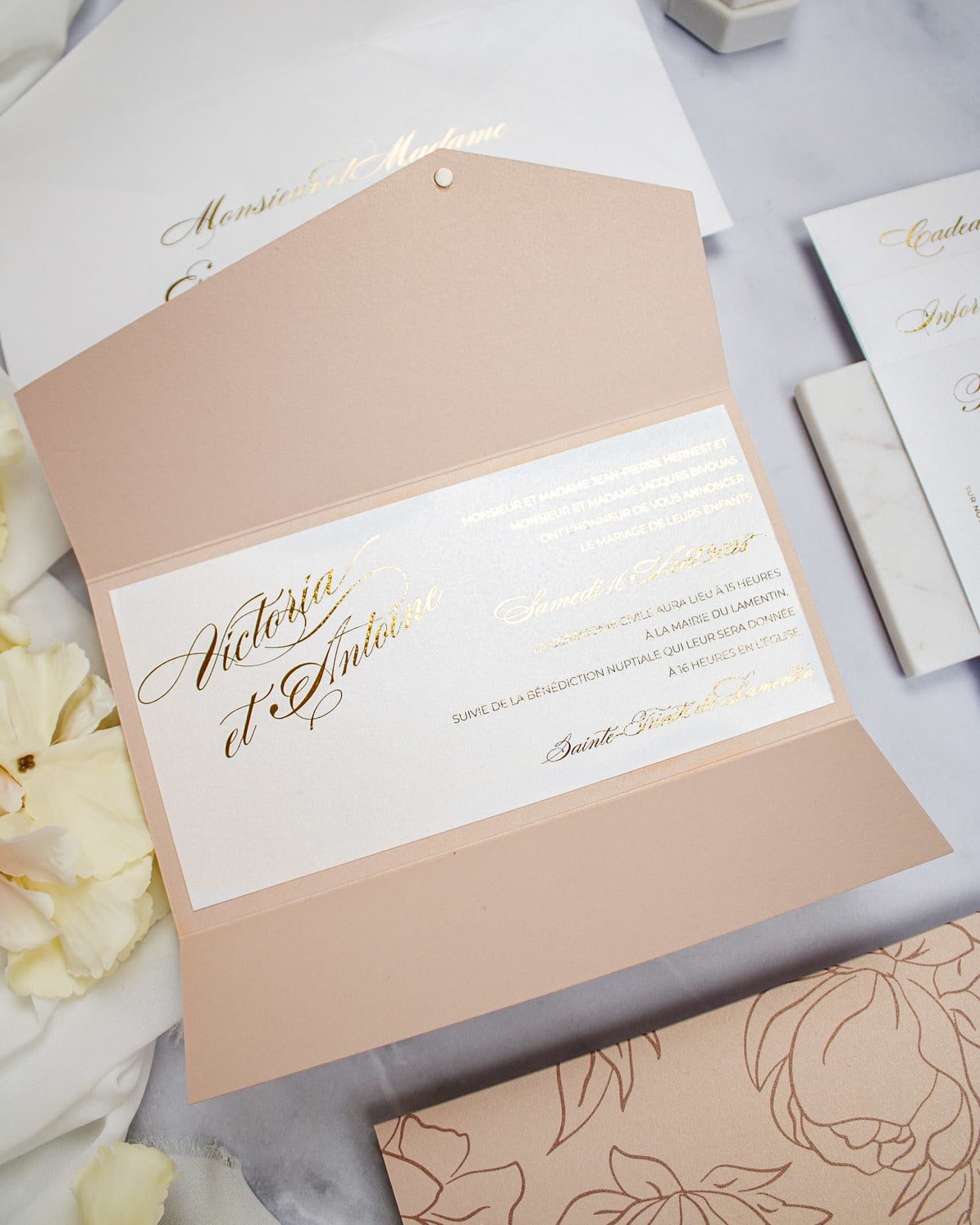 "Angèle" - Faire-part de mariage chic, élégant et romantique avec dorure or - Wedding stationery - Création Luxe Carterie Studio