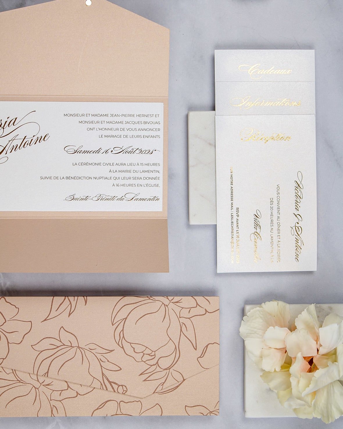 "Angèle" - Faire-part de mariage chic, élégant et romantique avec dorure or - Wedding stationery - Création Luxe Carterie Studio