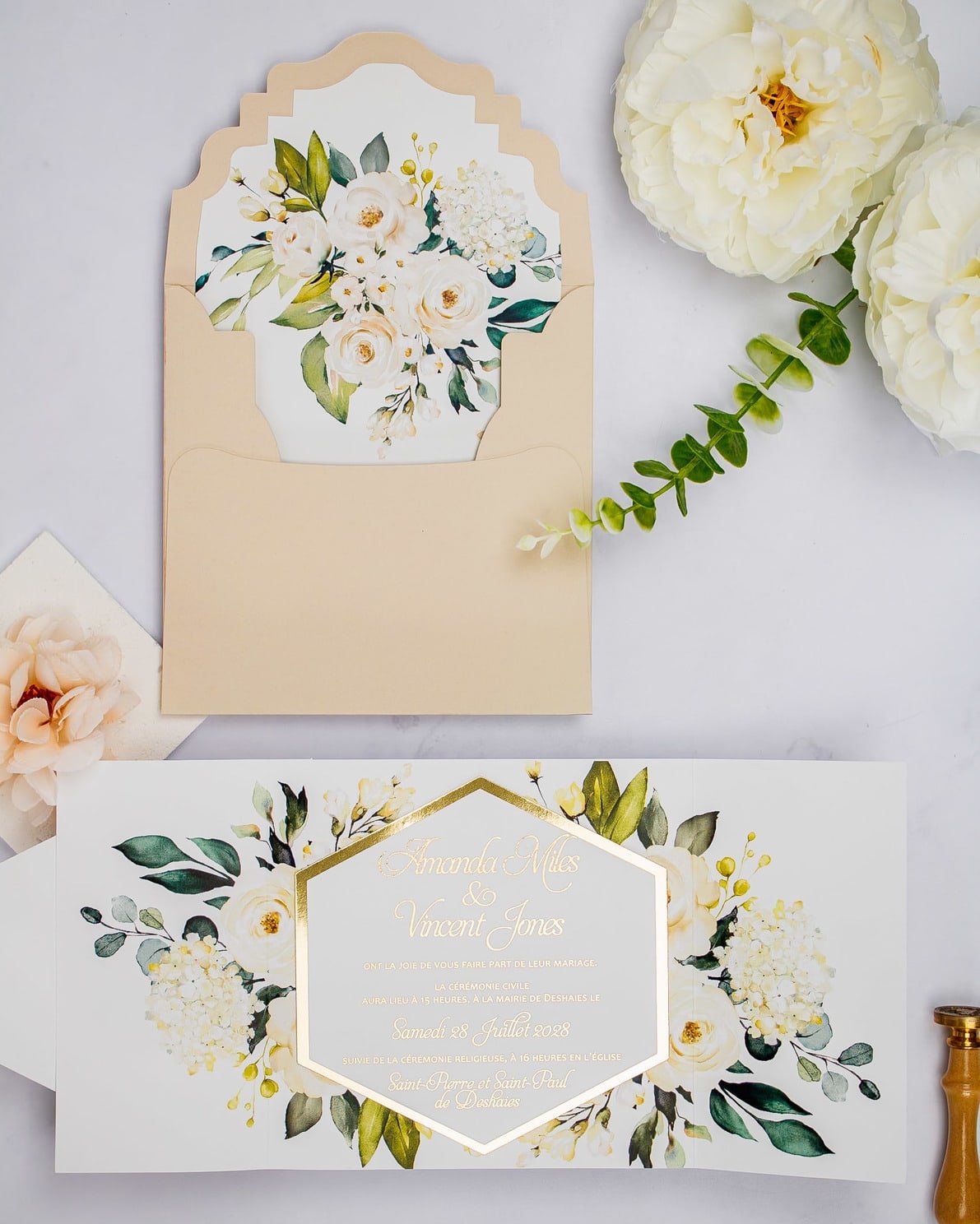 "Anthea" - Faire-part de mariage fleuris élégant et romantique avec dorure or - Wedding stationery - Création Luxe Carterie Studio