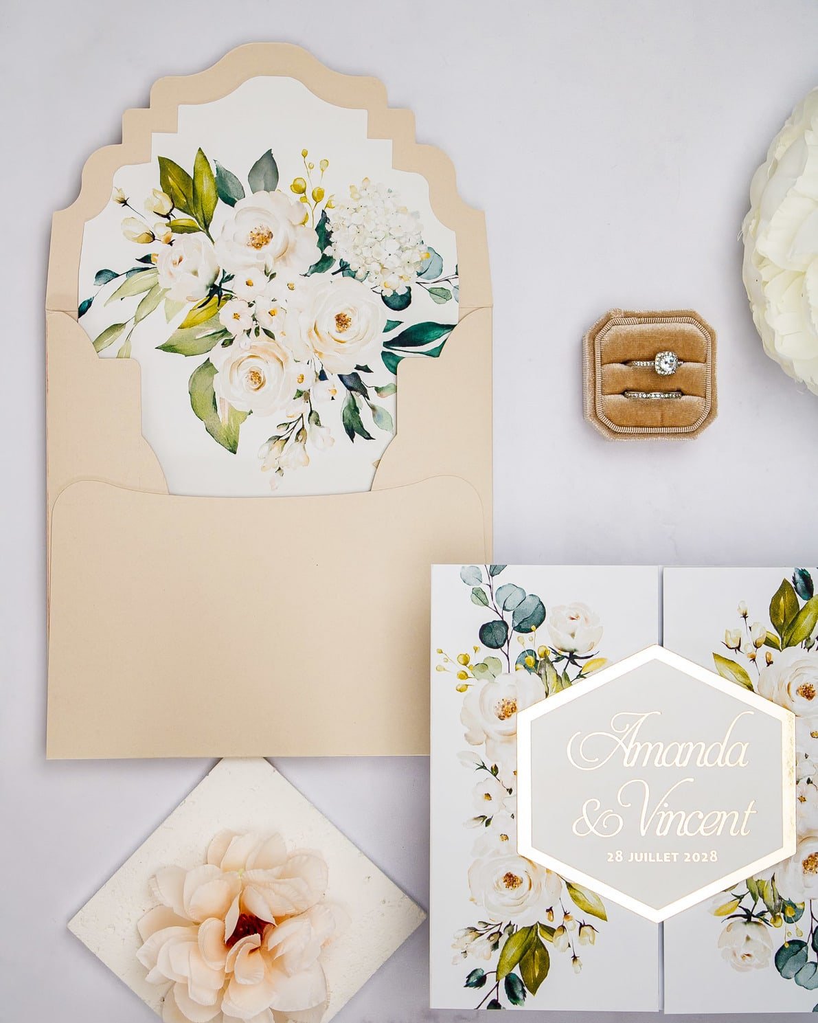 "Anthea" - Faire-part de mariage fleuris élégant et romantique avec dorure or - Wedding stationery - Création Luxe Carterie Studio