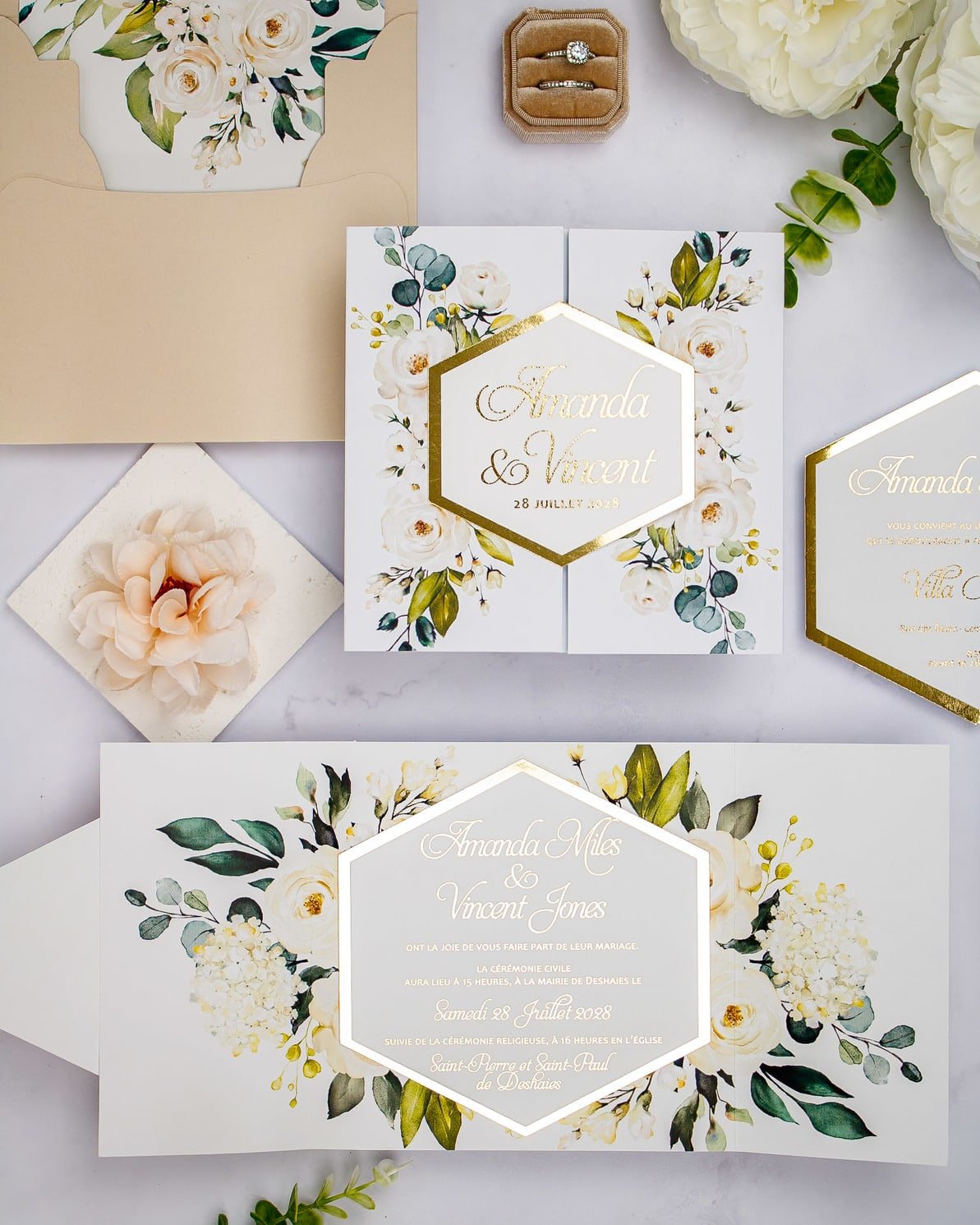 "Anthea" - Faire-part de mariage fleuris élégant et romantique avec dorure or - Wedding stationery - Création Luxe Carterie Studio