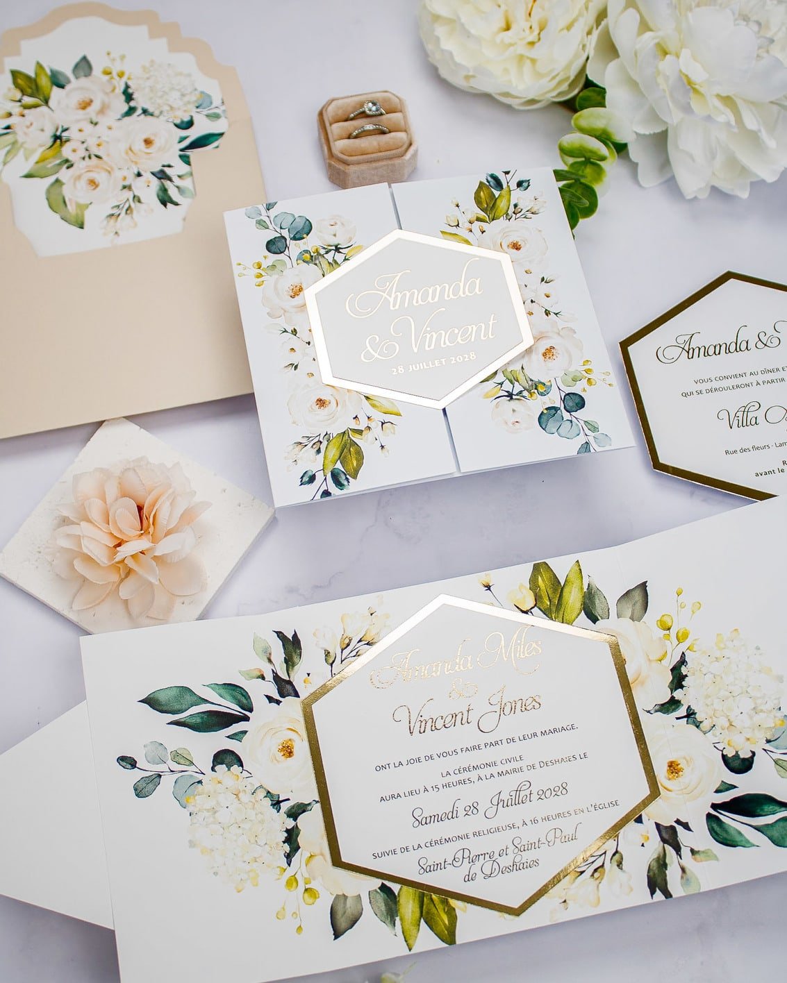 "Anthea" - Faire-part de mariage fleuris élégant et romantique avec dorure or - Wedding stationery - Création Luxe Carterie Studio