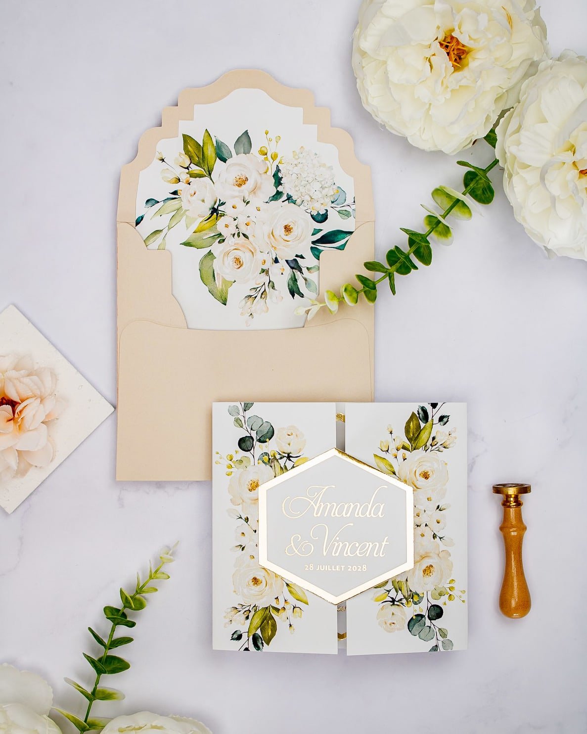 "Anthea" - Faire-part de mariage fleuris élégant et romantique avec dorure or - Wedding stationery - Création Luxe Carterie Studio