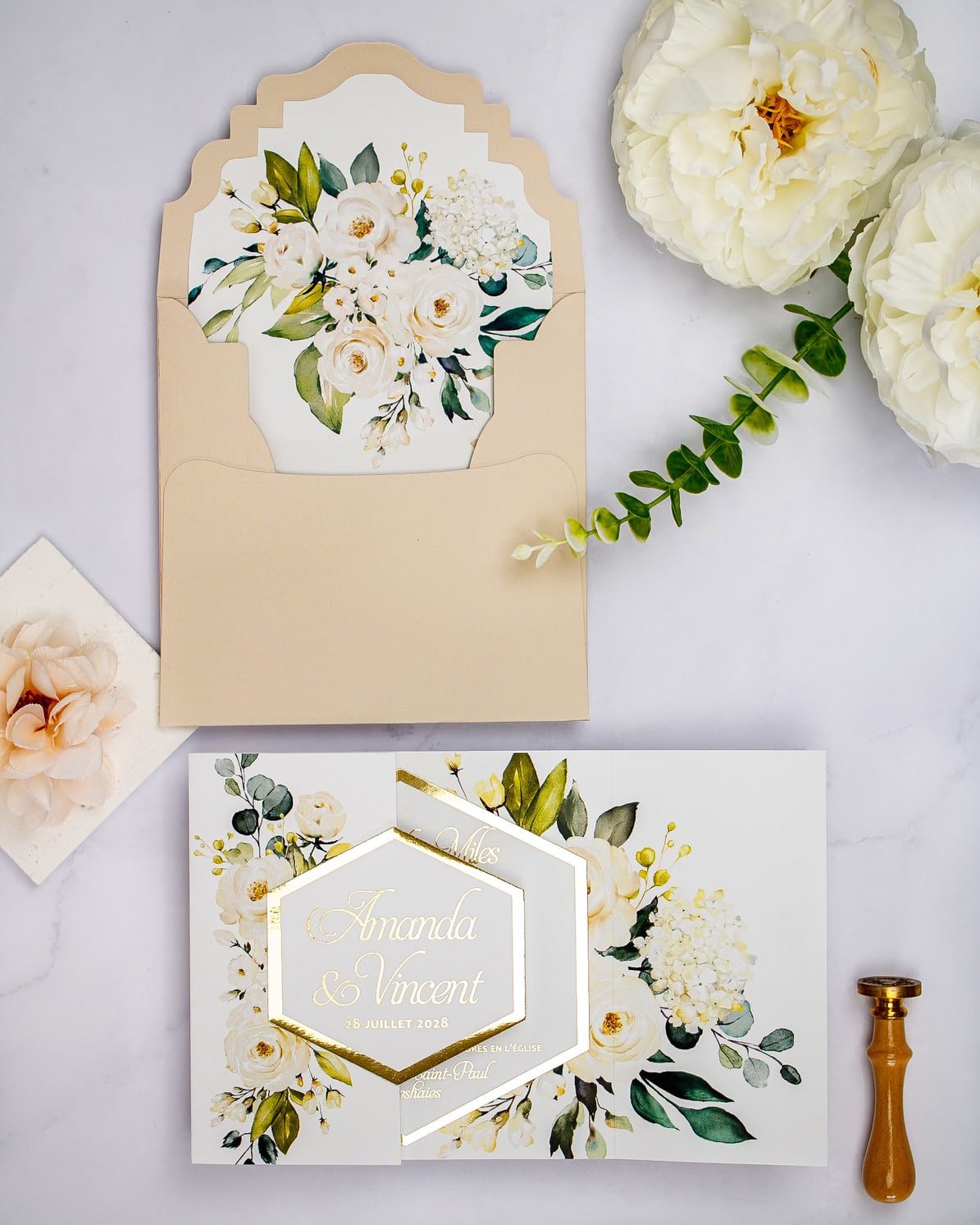 "Anthea" - Faire-part de mariage fleuris élégant et romantique avec dorure or - Wedding stationery - Création Luxe Carterie Studio