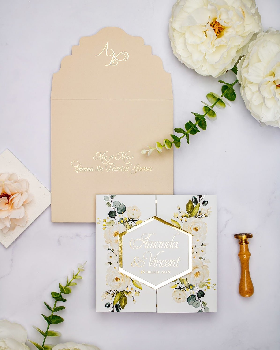 "Anthea" - Faire-part de mariage fleuris élégant et romantique avec dorure or - Wedding stationery - Création Luxe Carterie Studio