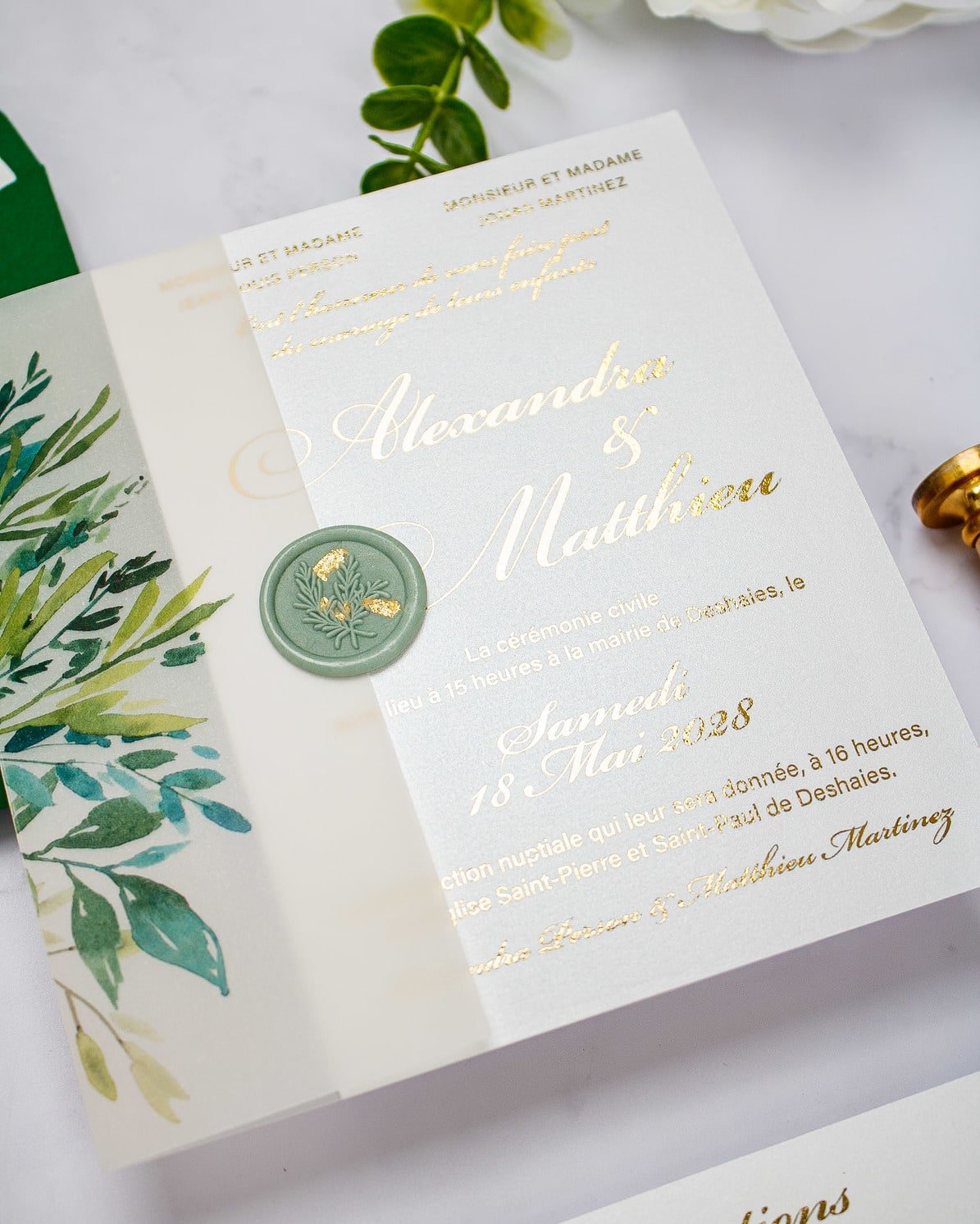 "Arum" - Faire-part de mariage fleuris élégant et romantique avec dorure or et wax seal – Wedding stationery - Création Luxe Carterie Studio