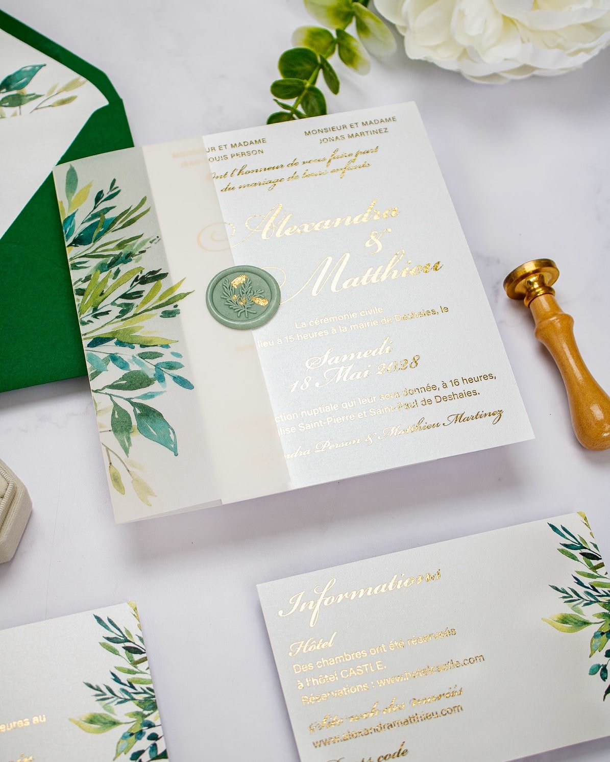 "Arum" - Faire-part de mariage fleuris élégant et romantique avec dorure or et wax seal – Wedding stationery - Création Luxe Carterie Studio