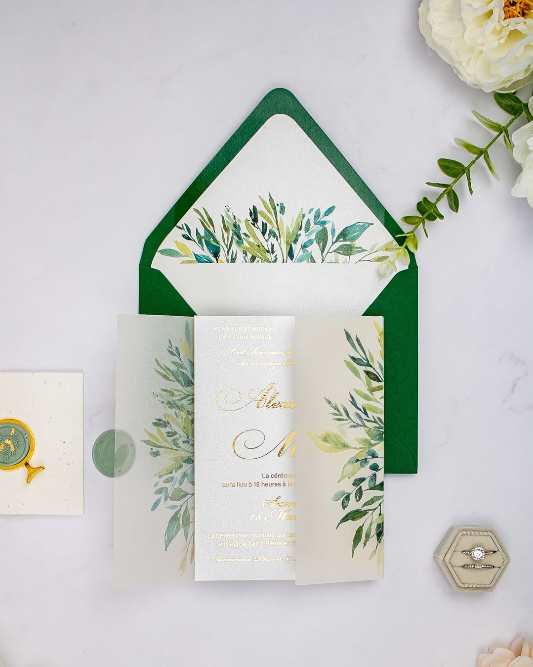 "Arum" - Faire-part de mariage fleuris élégant et romantique avec dorure or et wax seal – Wedding stationery - Création Luxe Carterie Studio