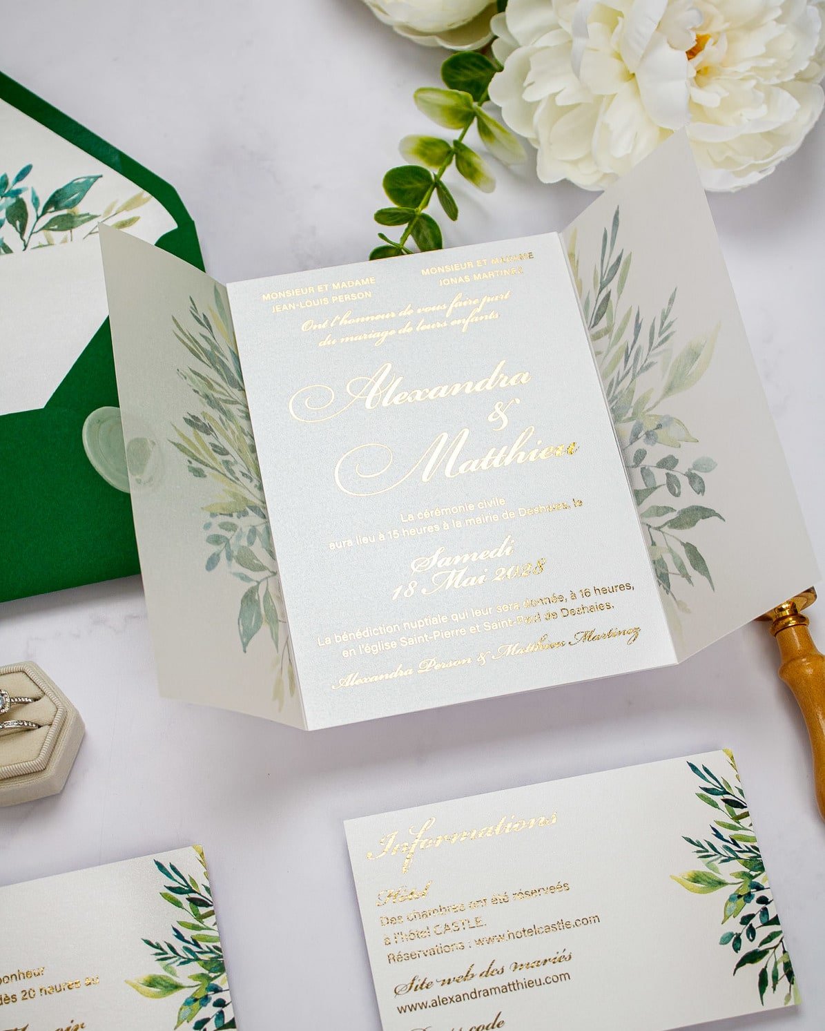 "Arum" - Faire-part de mariage fleuris élégant et romantique avec dorure or et wax seal – Wedding stationery - Création Luxe Carterie Studio