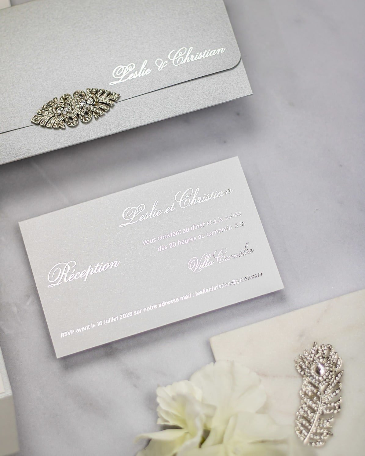 "Azalée" - Faire-part de mariage luxueux, chic et élégant avec dorure argent – Wedding stationery - Création Luxe Carterie Studio