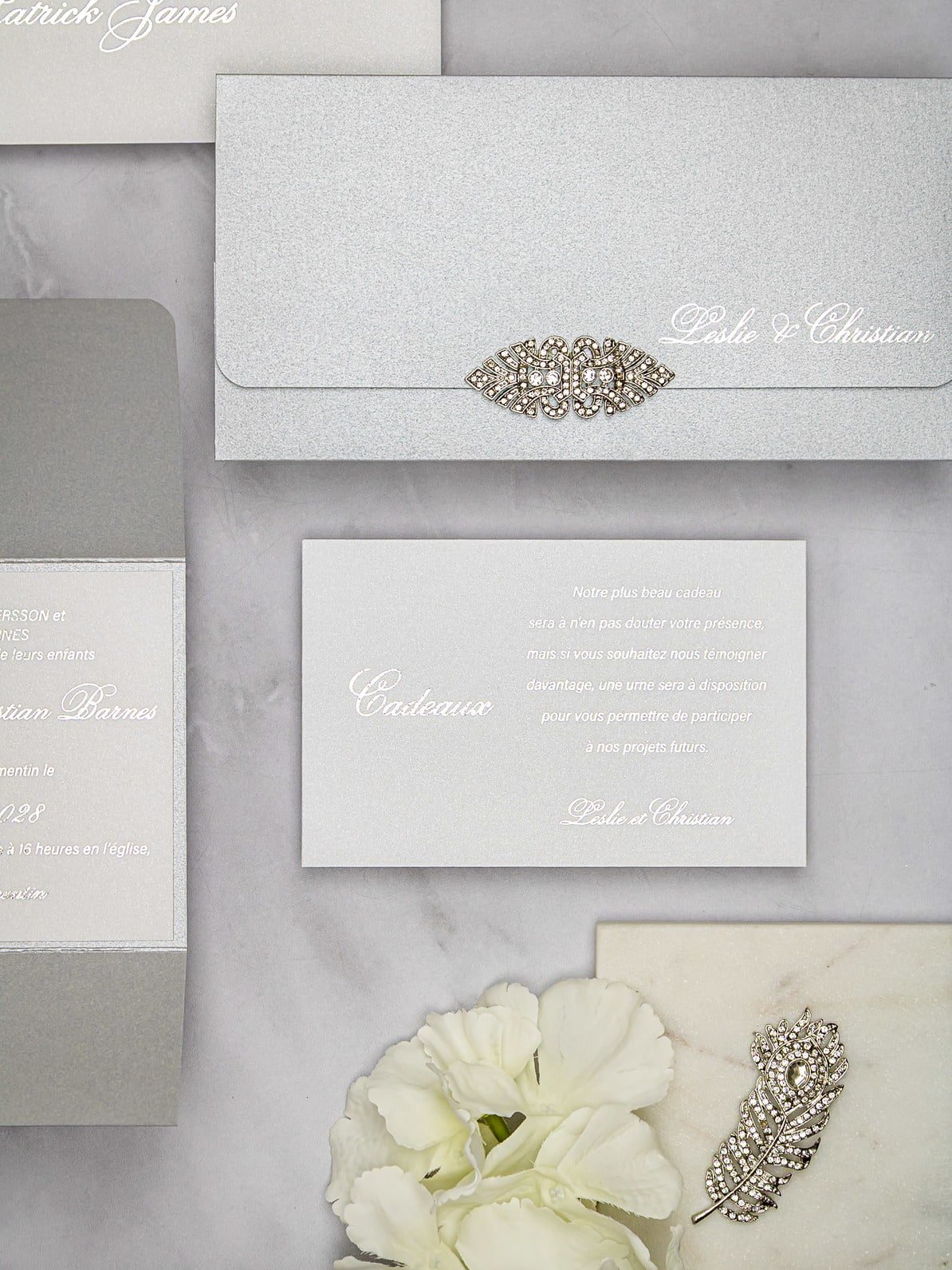 "Azalée" - Faire-part de mariage luxueux, chic et élégant avec dorure argent – Wedding stationery - Création Luxe Carterie Studio