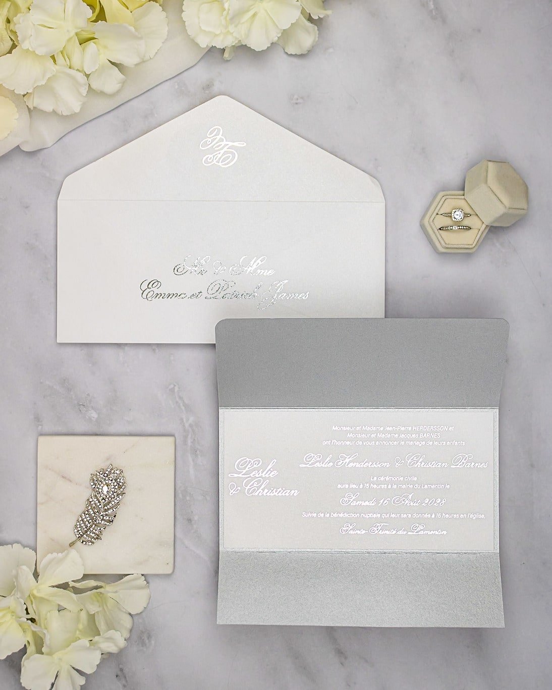 "Azalée" - Faire-part de mariage luxueux, chic et élégant avec dorure argent – Wedding stationery - Création Luxe Carterie Studio