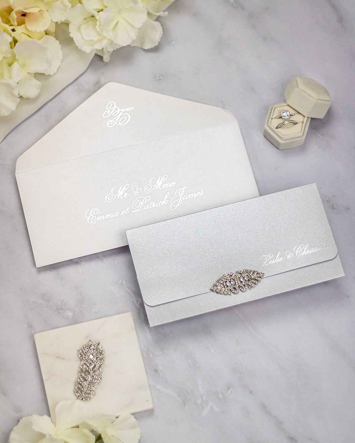 "Azalée" - Faire-part de mariage luxueux, chic et élégant avec dorure argent – Wedding stationery - Création Luxe Carterie Studio