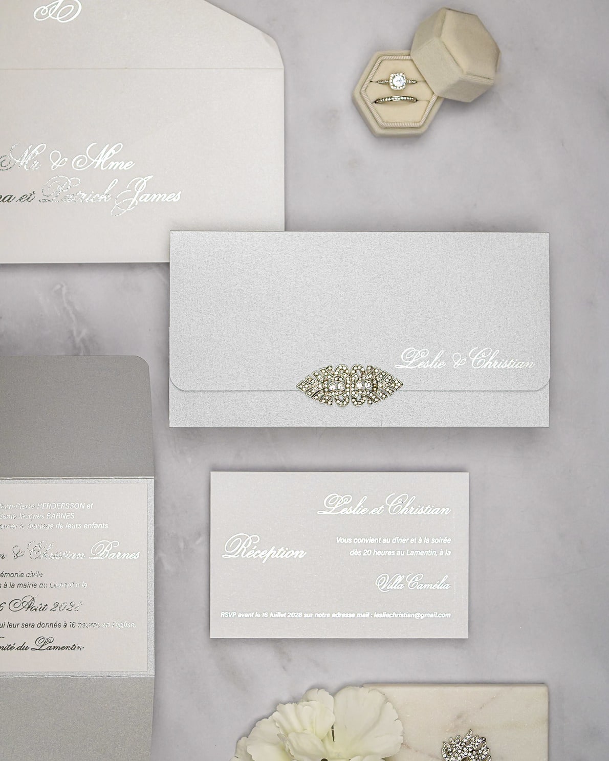 "Azalée" - Faire-part de mariage luxueux, chic et élégant avec dorure argent – Wedding stationery - Création Luxe Carterie Studio