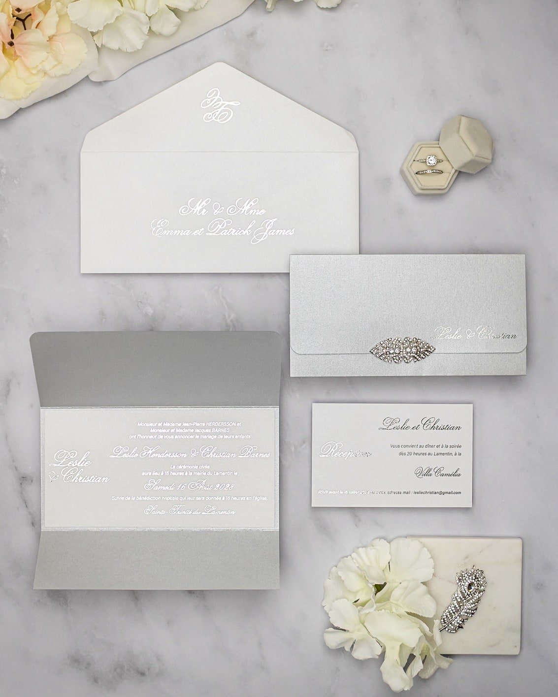 "Azalée" - Faire-part de mariage luxueux, chic et élégant avec dorure argent – Wedding stationery - Création Luxe Carterie Studio