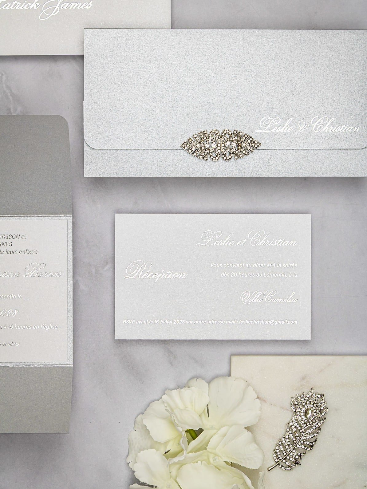 "Azalée" - Faire-part de mariage luxueux, chic et élégant avec dorure argent – Wedding stationery - Création Luxe Carterie Studio