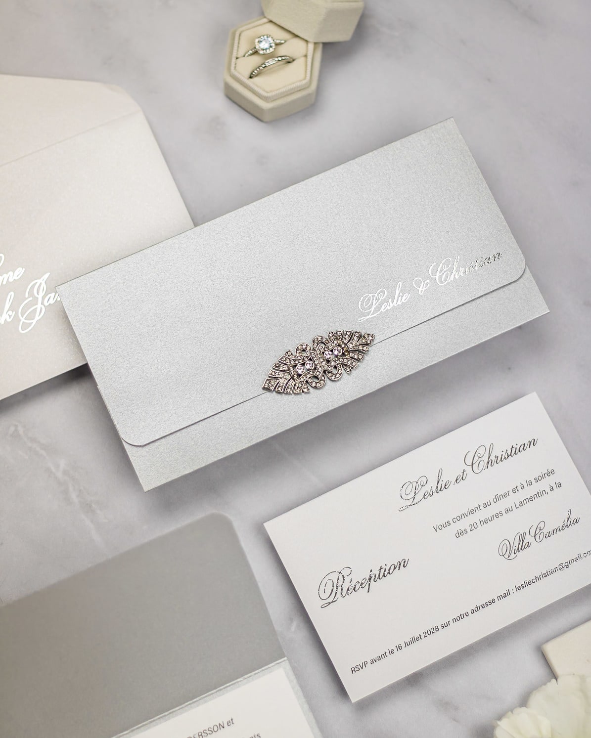 "Azalée" - Faire-part de mariage luxueux, chic et élégant avec dorure argent – Wedding stationery - Création Luxe Carterie Studio